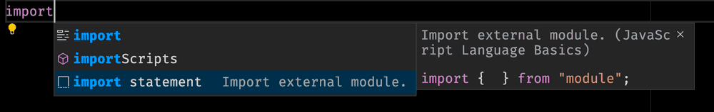 VS Code's suggestion menu after typing import